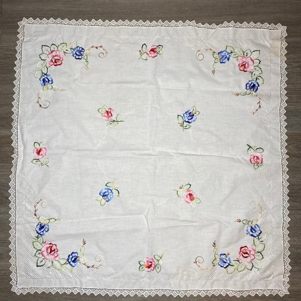 Vintage Floral Embroidered Square Tablecloth Bundle 2pc